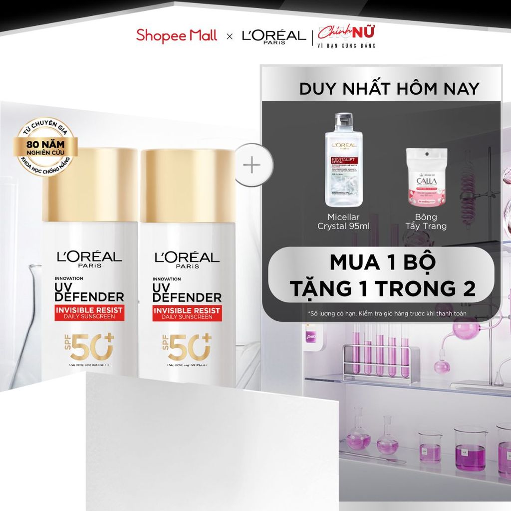 PB- Bộ 2 Sữa Chống Nắng Phổ Rộng Vô Hình Thoáng Da Kháng Mọi Tác Động Invisible Resist SPF 50+ PA++++ L’Oréal Paris 50ml
