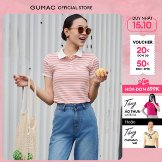 Áo thun polo nữ màu hồng phối sọc ngang be mềm mịn thoáng mát năng động thời trang GUMAC PLF04029