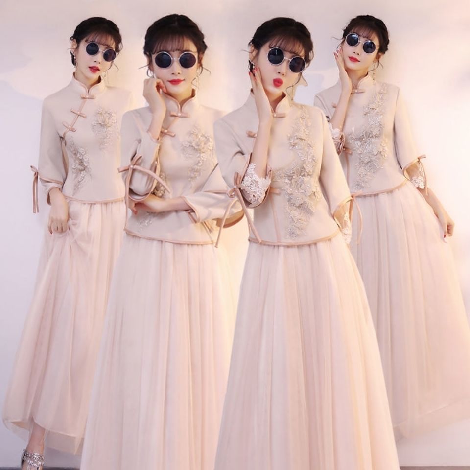 Phong Cách Trung Hoa Phù Dâu Đầm Dài Tay Mùa Xuân Hè 2025 Cao Cấp Cưới Phù Dâu Nhóm Chị Đầm Phong Cá