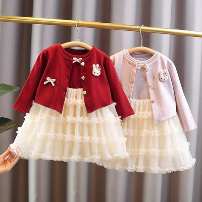 Set Thu Đông Váy Voan Xòe Tay Dài Khoác Nỉ Màu Đỏ Cho Bé Gái 1-5 Tuổi MINTSCLOSET Quảng Châu GS1455