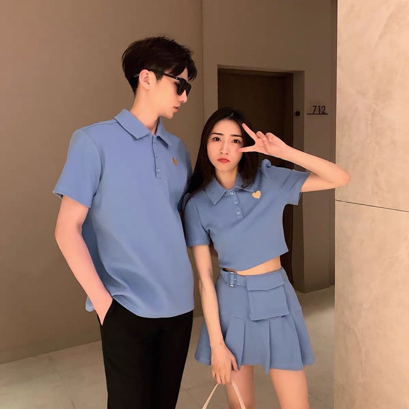 Set đôi nam nữ: Áo croptop + váy nữ và áo thun cổ bẻ nam