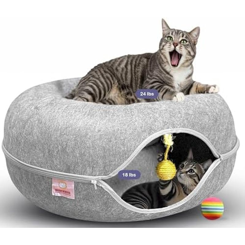 MeowMates Peekaboo Cat Cave Donut Giường Cho Nhiều Mèo Lên Đến 45lbs, Đường Hầm Mèo Lớn 3 Trong 1 & 