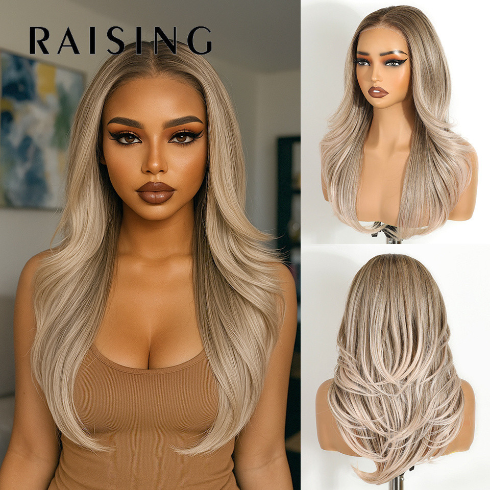 Nâng 20 Inch Ash Blonde Ombre Ren Phía Trước Tóc Giả 6x4 HD Không Keo Chịu Nhiệt Tổng Hợp Tóc Giả Lớ