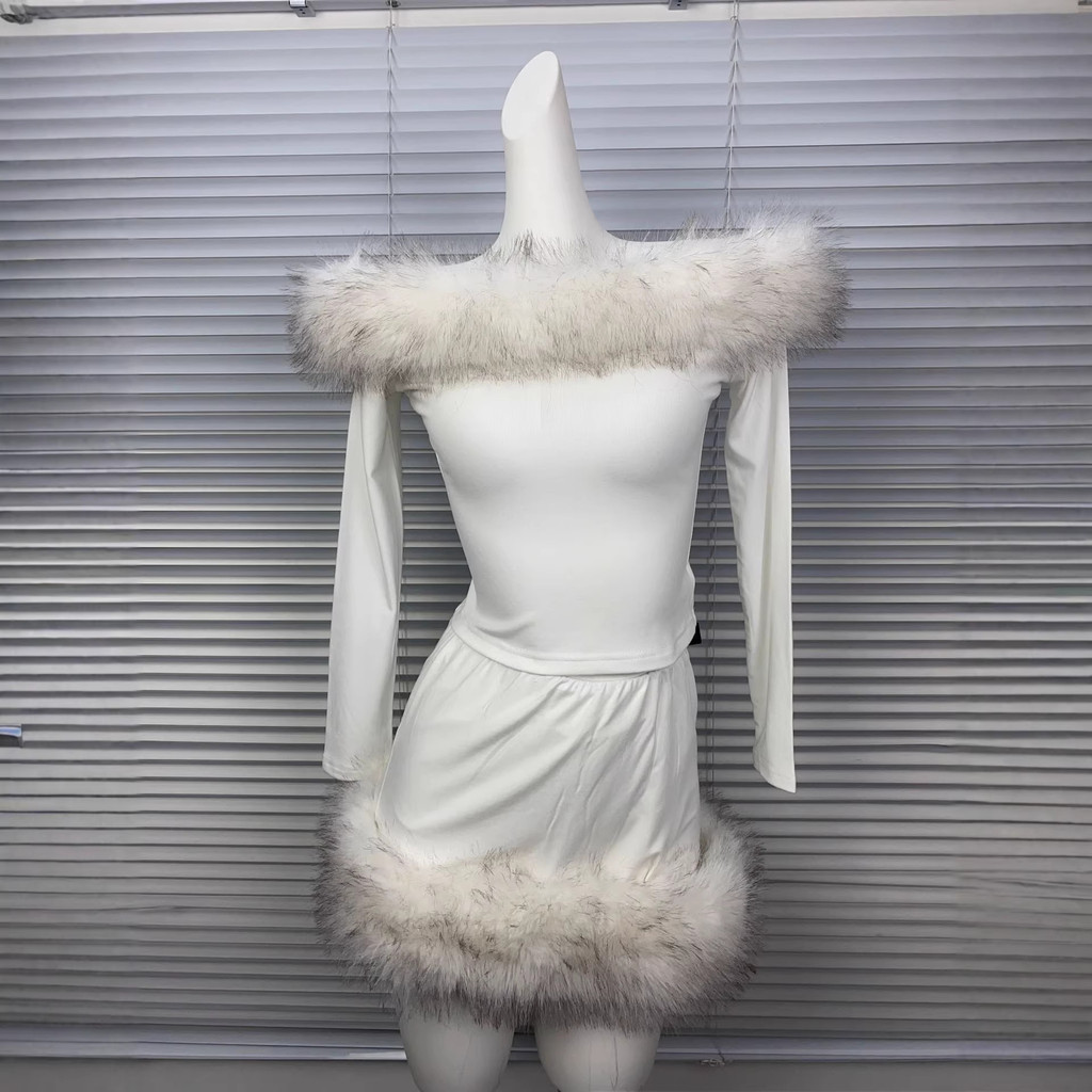 KV6P Coconut Snow*SisterImitation mink fur one-shoulder long-sleeve asymmetrical top t Shirt