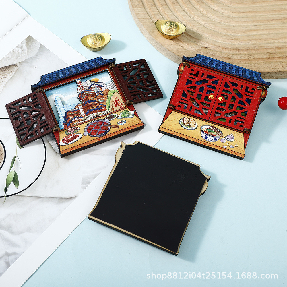 Preferred#In-stock wooden fridge magnets with windows, Chinese-style cultural and creative travel mu