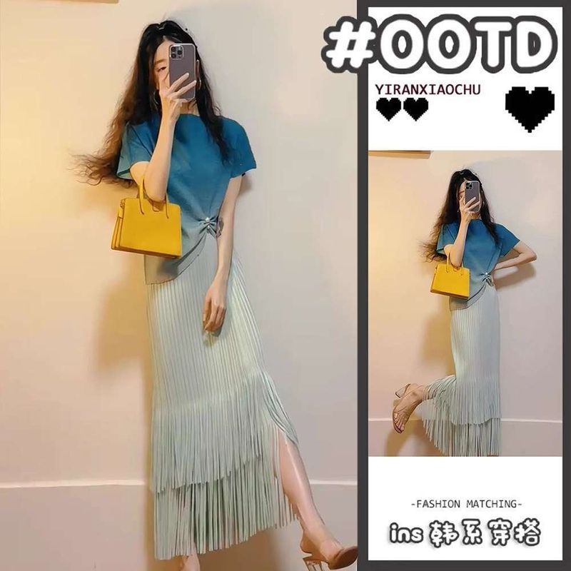 2026 Năm nay Bộ đồ mảnh đẹp phổ biến Váy Chanel Style Blue Top Vringed Váy mặc trọn bộ / 7.6