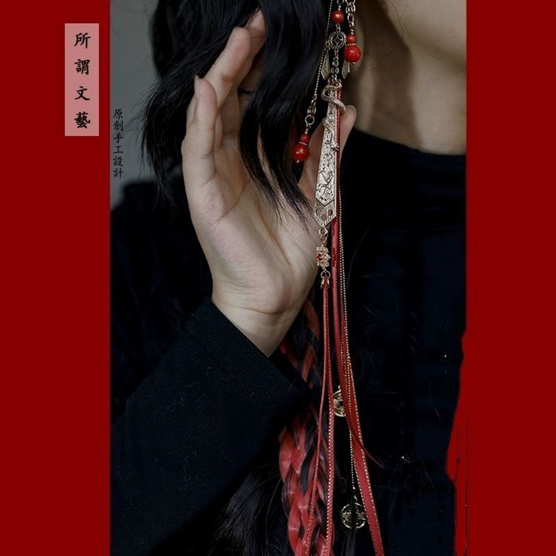 Clip-on red fortune earrings, New Year's earrings, new product, copper coins, long tassels10y Year o