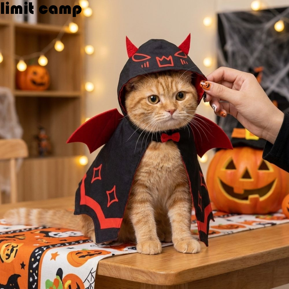 GIỚI HẠN CAMP Halloween Cat Devil Bat Áo choàng, Áo choàng thú cưng cánh đỏ Satin đôi có thể điều ch