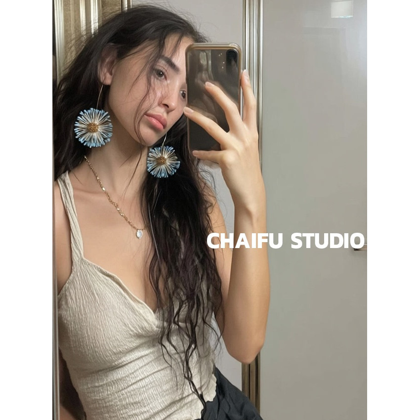 Chaifu Studio / E363 Niche Phong Cách Mục Vụ Raffia Hoa Hướng Dương Bông Tai Lớn Mỏng Hơn Nhìn Phụ K