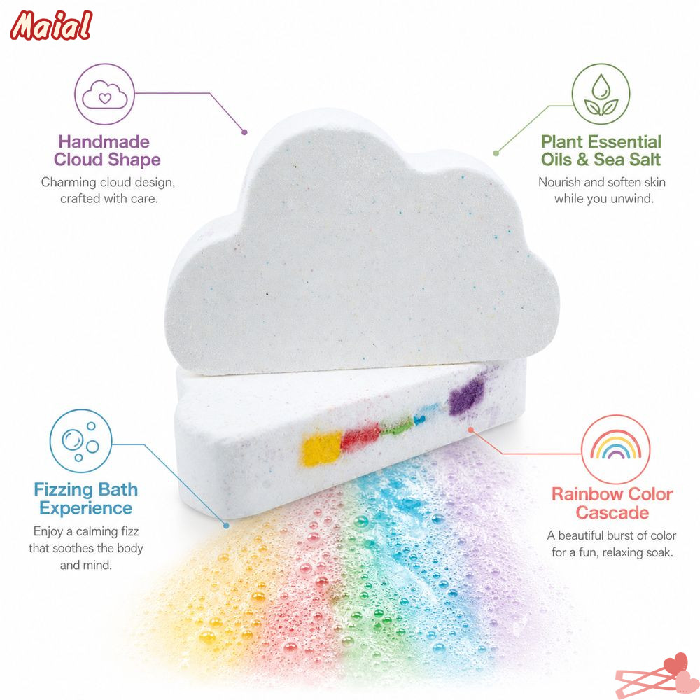 MAIAL Rainbow Cloud Bath Ball, Handmade Rainbow Color Cascade Bath Fizzers, Bóng tắm hòa tan hình đá