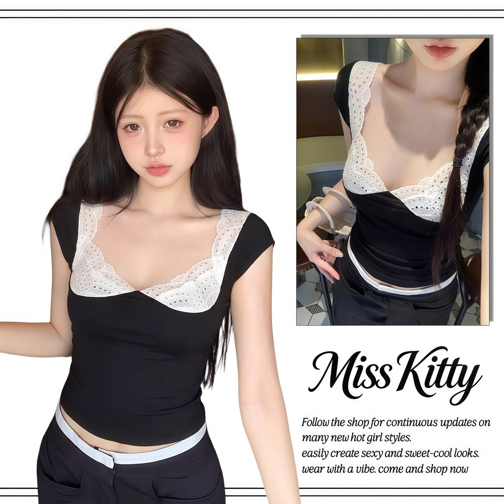 Miss Kitty Nữ Cổ Chữ V Ngắn Tay Ren Slim Fit Giảm Béo Gợi Cảm Phong Cách Hàn Quốc-A2461
