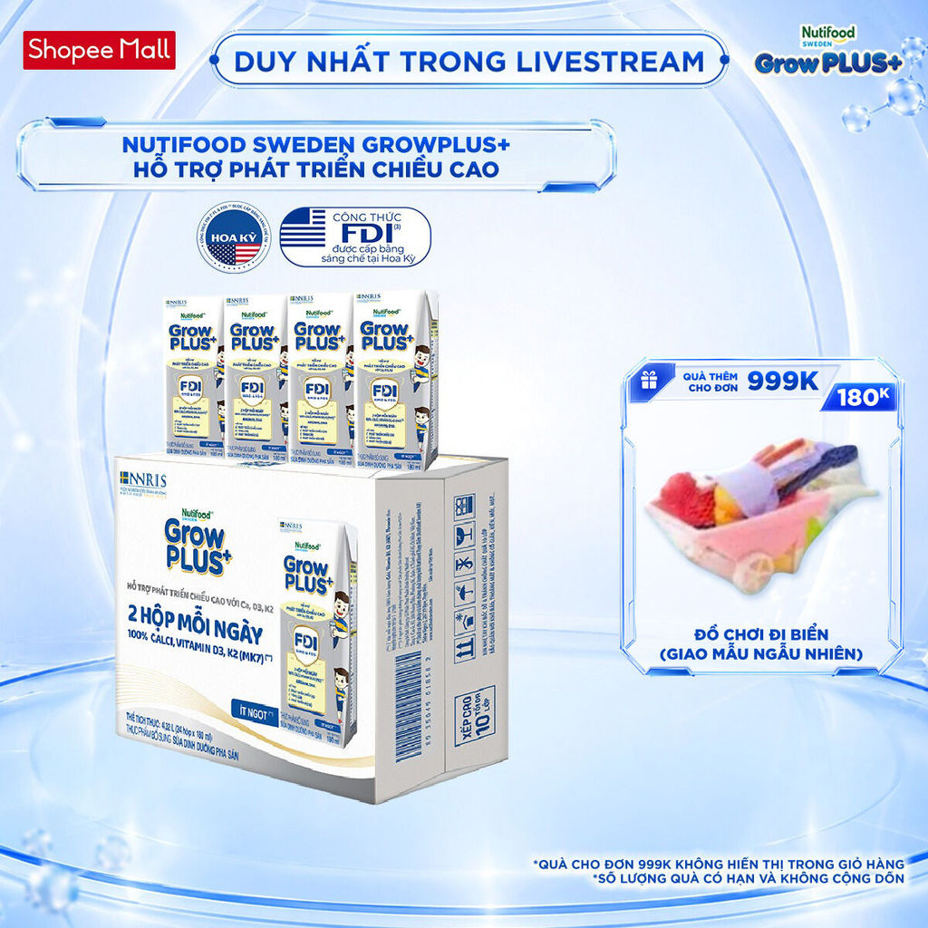 Thùng 24 hộp Sữa Bột Pha Sẵn Nutifood Sweden GrowPLUS+ Cao lớn vượt trội hộp 180 ml