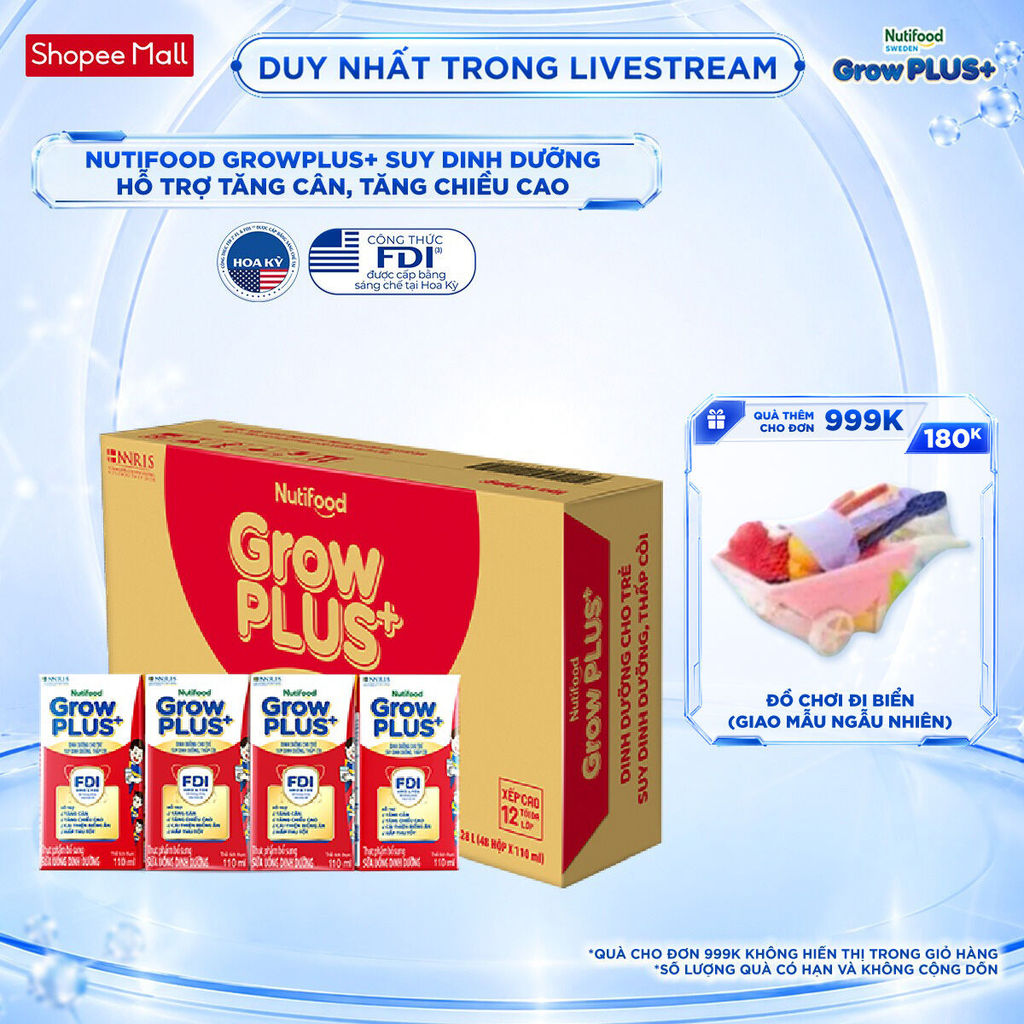 Thùng SBPS Nutifood GrowPLUS+ Suy Dinh Dưỡng (Đỏ) - Tăng Cân, Tăng Chiều Cao (48 Hộp x 110ml) (Bao b