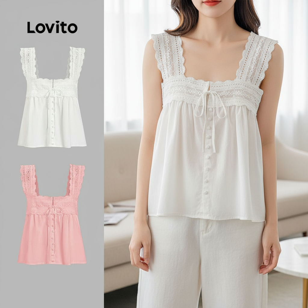Lovito Kỳ nghỉ Áo Ba Lỗ Nữ Ren Trơn Phong Cách Mùa Hè/Xuân L100MD371