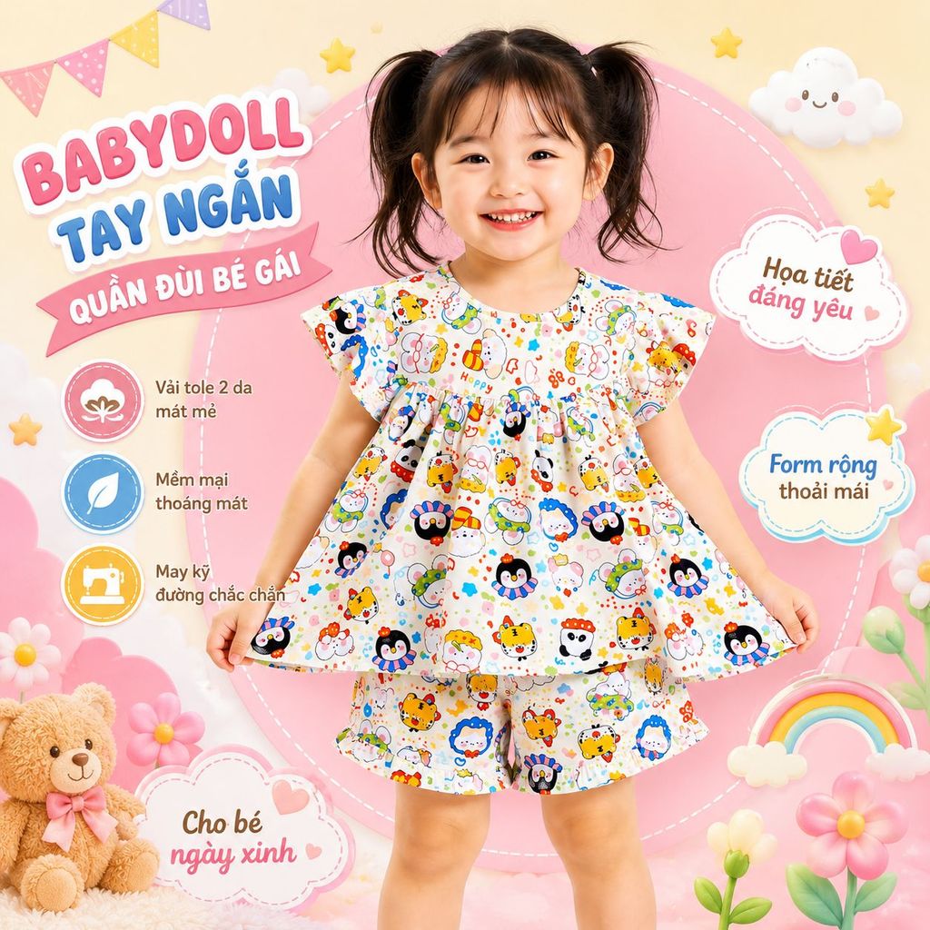 Bộ Tole Đùi Babydoll Bé Gái Vải Tole Lanh Form Rộng Dễ Thương