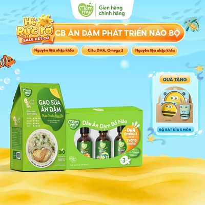 Combo Ăn Dặm Bổ Não: Set 3 dầu ăn dặm bổ não Mămmy chai 30ml, Gạo Sữa Ăn Dặm Phát Triển Não Bộ Mămmy Hộp 500g