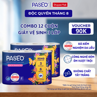 [Combo 12 Cuộn] Giấy Vệ Sinh PASEO 6 Cuộn/Lốc Mềm Mịn Cao Cấp Thấm Hút Tốt Tan Nhanh Không Gây Tắc Nghẽn (3 Lớp)