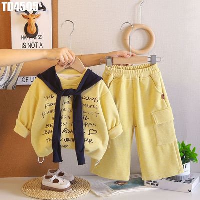 Bộ Quần Áo Trẻ Em Unisex Dài Tay Áo Cổ Thủy Thủ In Chữ Quần Ống Rộng Túi Hộp MINTSCLOSET TD4505