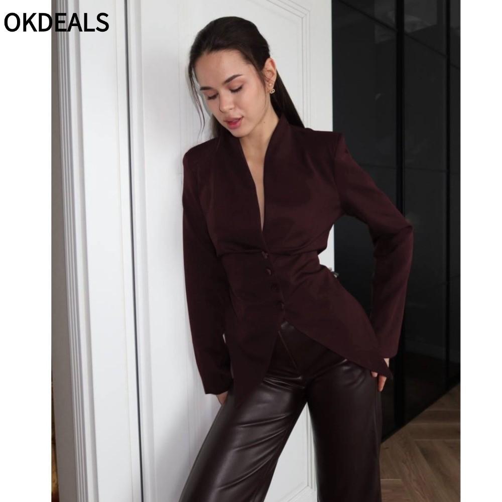 OKDEALS Bộ đồ Blazer nữ, Dệt mềm chống nhăn lưng Cinch Blazer, dáng rộng thanh lịch eo cong boxy Sil