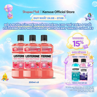 Bộ 3 chai Nước Súc Miệng Listerine Kids Mouthwash with berry shield Dành Riêng Cho Trẻ Trên 6 Tuổi 250ml/chaidi