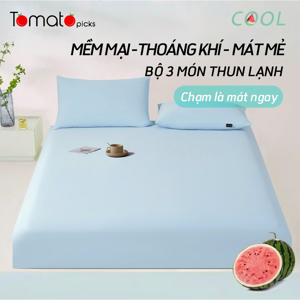 Bộ ga giường thun lạnh trơn Hàn Quốc 3 món vải thun co giãn Tomato Bedding bộ 3 món gồm drap giường và 2 áo gối nằm