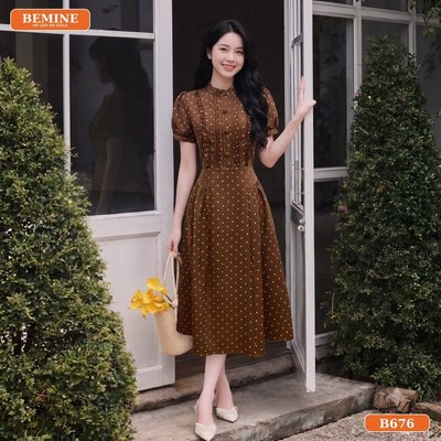Đầm thiết kế BEMINE cổ trụ họa tiết chấm bi dáng chữ A phù hợp đi làm-B676