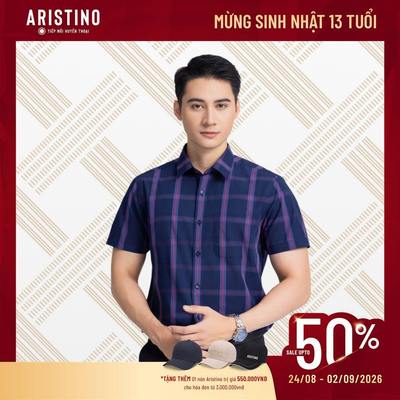 Áo sơ mi nam ngắn tay ARISTINO Regular fit suông nhẹ, màu xanh than kẻ đỏ ASS009AZ