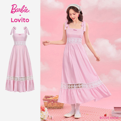 Barbie™ X Lovito Kỳ nghỉ Đầm hồng lãng mạn ren hoa thiết kế dây mùa xuân/hè cho nữ DRBL4PAD014