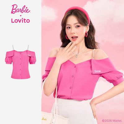 Barbie™ X Lovito Phong cách thường ngày Áo Blouse Nữ Mùa Xuân/Hè Đính Ngọc Trai Thêu Nút Màu Đỏ Hồng BLBL4PAD009