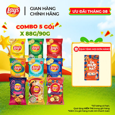 Combo 5 Gói Snack Khoai Tây LAY'S 88G/90G Vị Tự Nhiên/Sườn BBQ/Tảo Biển/Tôm Càng Phô Mai/Phô Mai Cheddar/Bò Texas/Phở