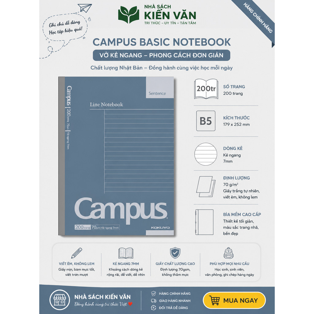 Vở Campus Kẻ Ngang Gáy Keo Basic Notebook Khổ B5 - NB-B5L200BS