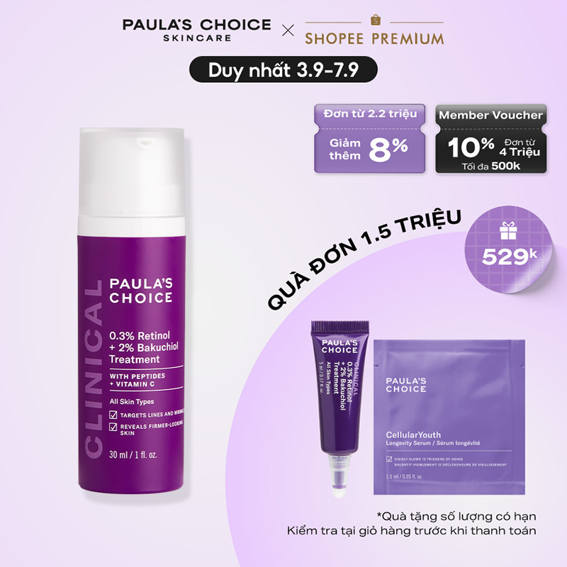Tinh chất chống lão hóa làm mờ thâm nám và nếp nhăn Paula's Choice Clinical 0.3% Retinol + 2% Bakuchiol 30ml - 8015