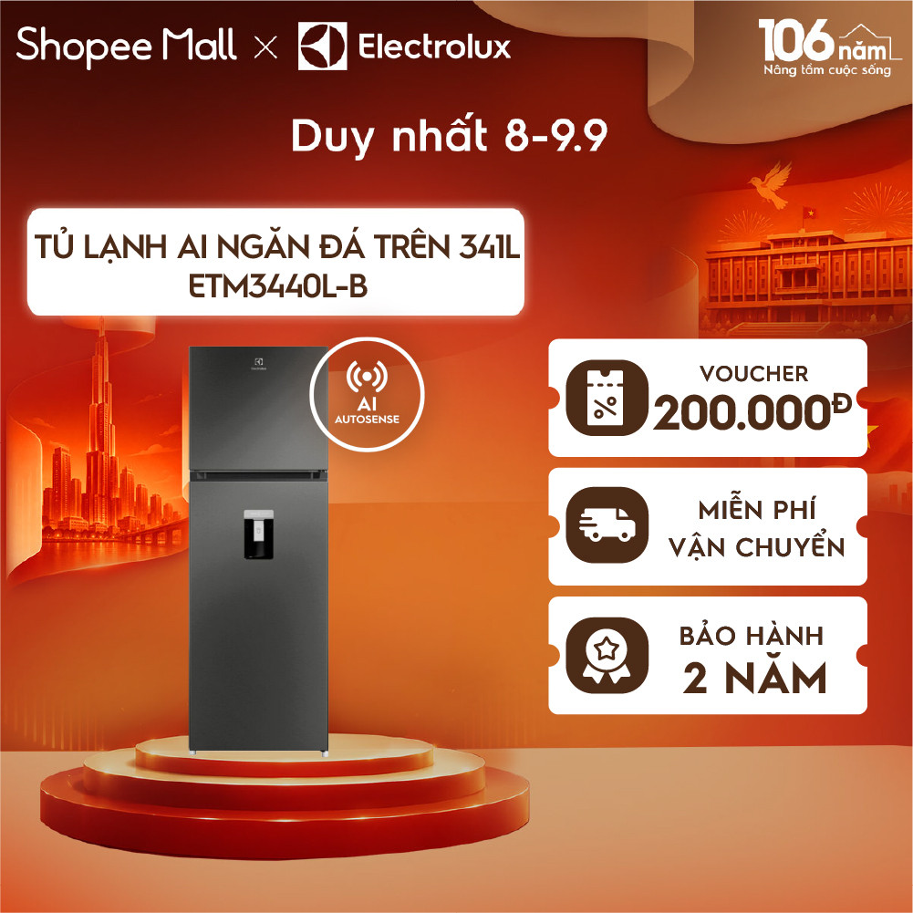 Free giao hàng - Tủ lạnh Electrolux AI ngăn đá trên 341L Series 700 ETM3440L-B - AI Autosense, Lấy n