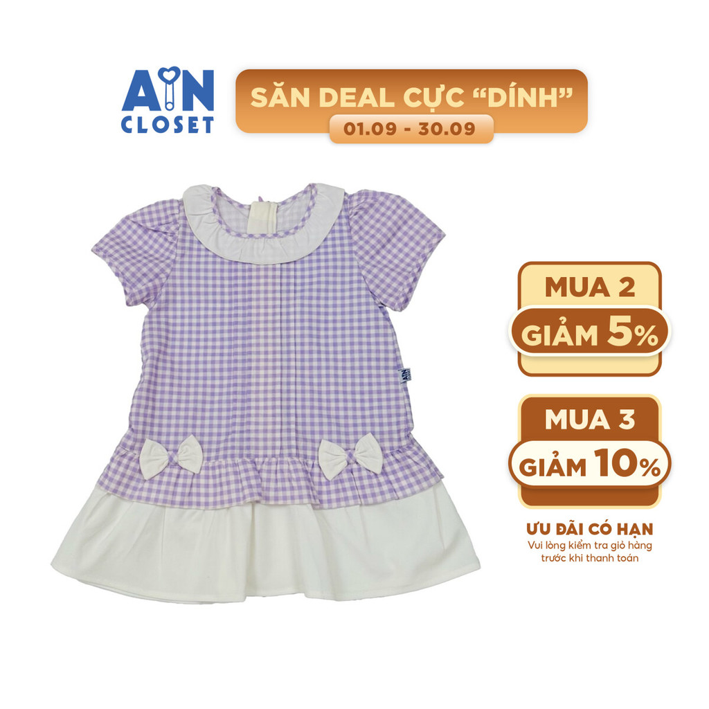 Đầm bé gái hoạ tiết Caro Nơ Tím Cotton - AICDBGJTUDKF - AIN Closet
