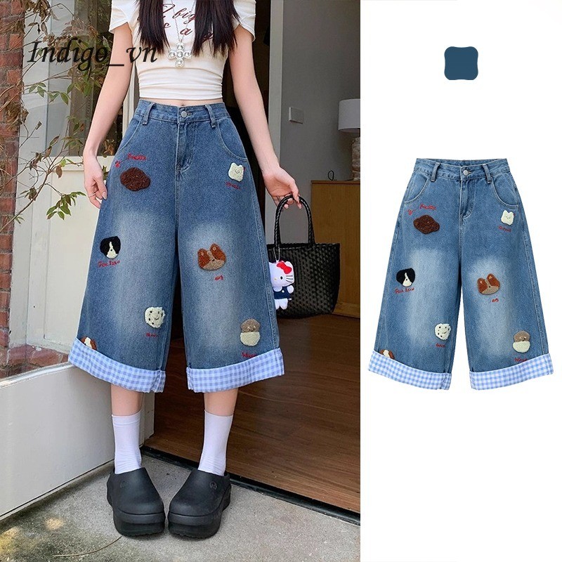 【Indigo】 Quần Short Bò Thêu Hình Con Chó Con Quần Ống Rộng ỐNg RộNg Nữ Cổ Điển