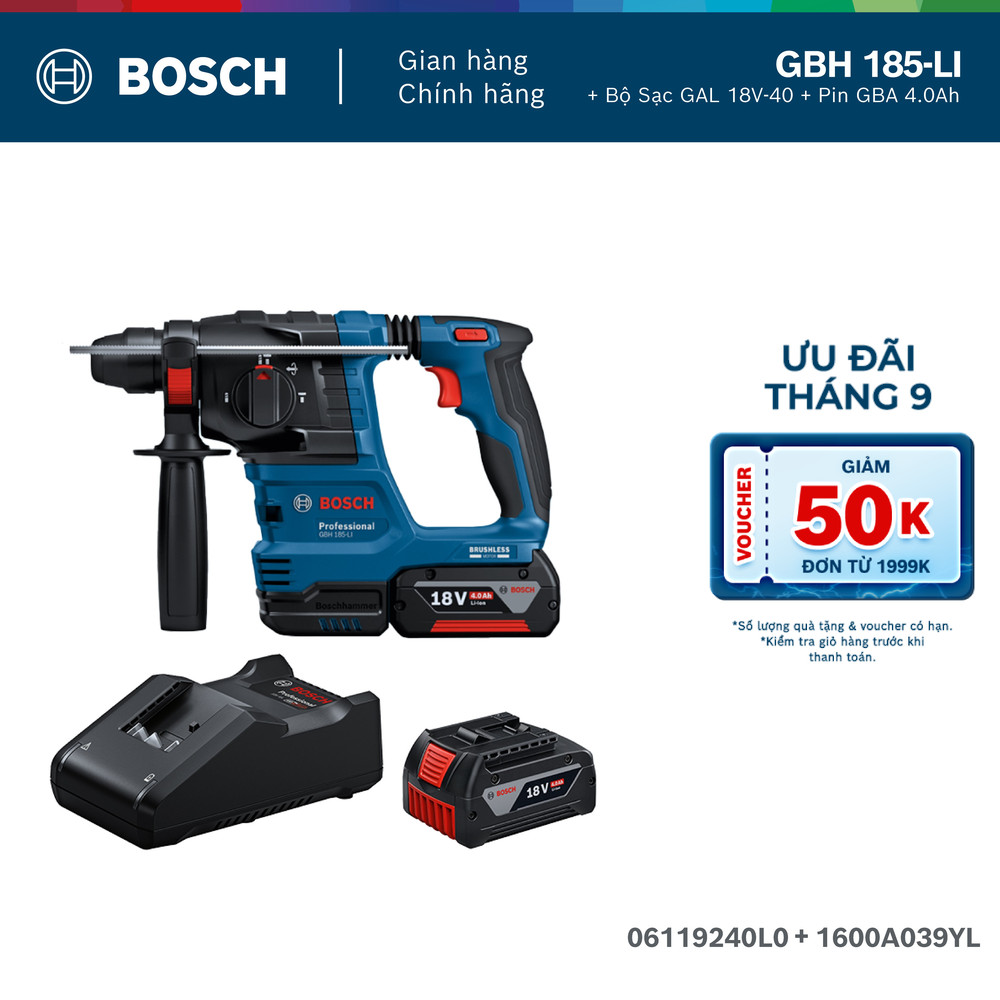 Máy khoan và đục Bosch GBH 185-LI + Bộ Sạc GAL 18V-40 và 1 Pin GBA 4.0Ah