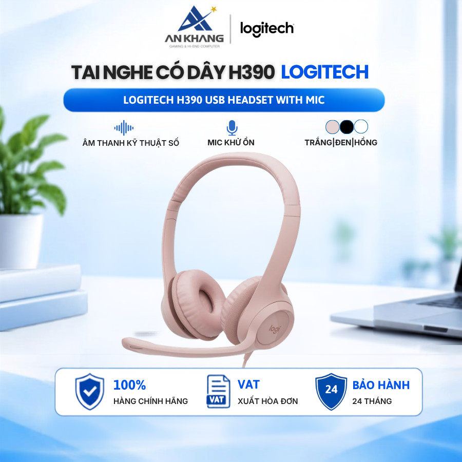 Tai Nghe Chụp Tai Logitech H390 Có Dây Có Mic Giảm Ồn, USB-A, Có Đệm Tai, Trắng/ Hồng/ Đen Bảo Hành 