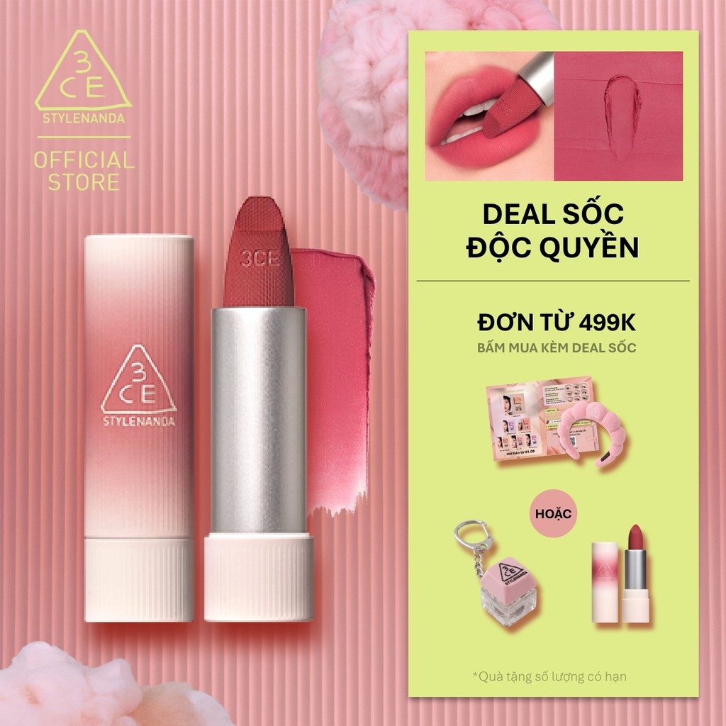 Son Thỏi 3CE Cashmere Hug Mềm Mịn Như Len, Bền Màu Lâu Trôi, Nhẹ Trên Môi, Không Bết Dính