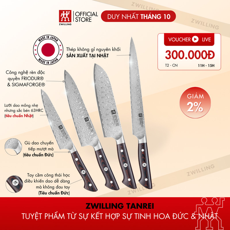 Dao Nhật ZWILLING Tanrei Thép Damascus 101 Lớp Cao Cấp, Size 23/20/14/18cm - dao đầu bếp, dao santok