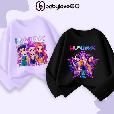 Áo thu đông bé gái HUNTR/X áo thun dài tay BabyloveGO chất cotton in hình KPOP Demon Hunters cho bé 1-10 tuổi