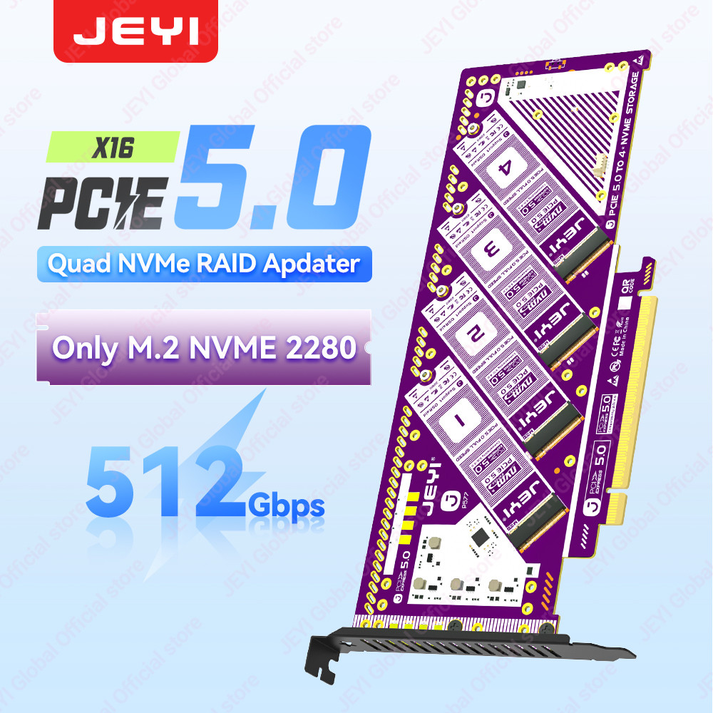 Thẻ mở rộng JEYI PCIe 5.0 X16 Quad M.2-4-Bay NVMe RAID 0 / 1 / 5 / JBOD Bộ chuyển đổi 512Gb / s Tốc 