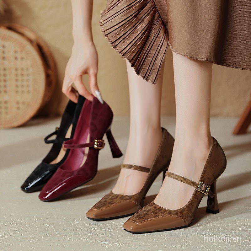 French-style Red High Heels with Thin Heels9cm New style patchwork square-toe high-heeled shoes