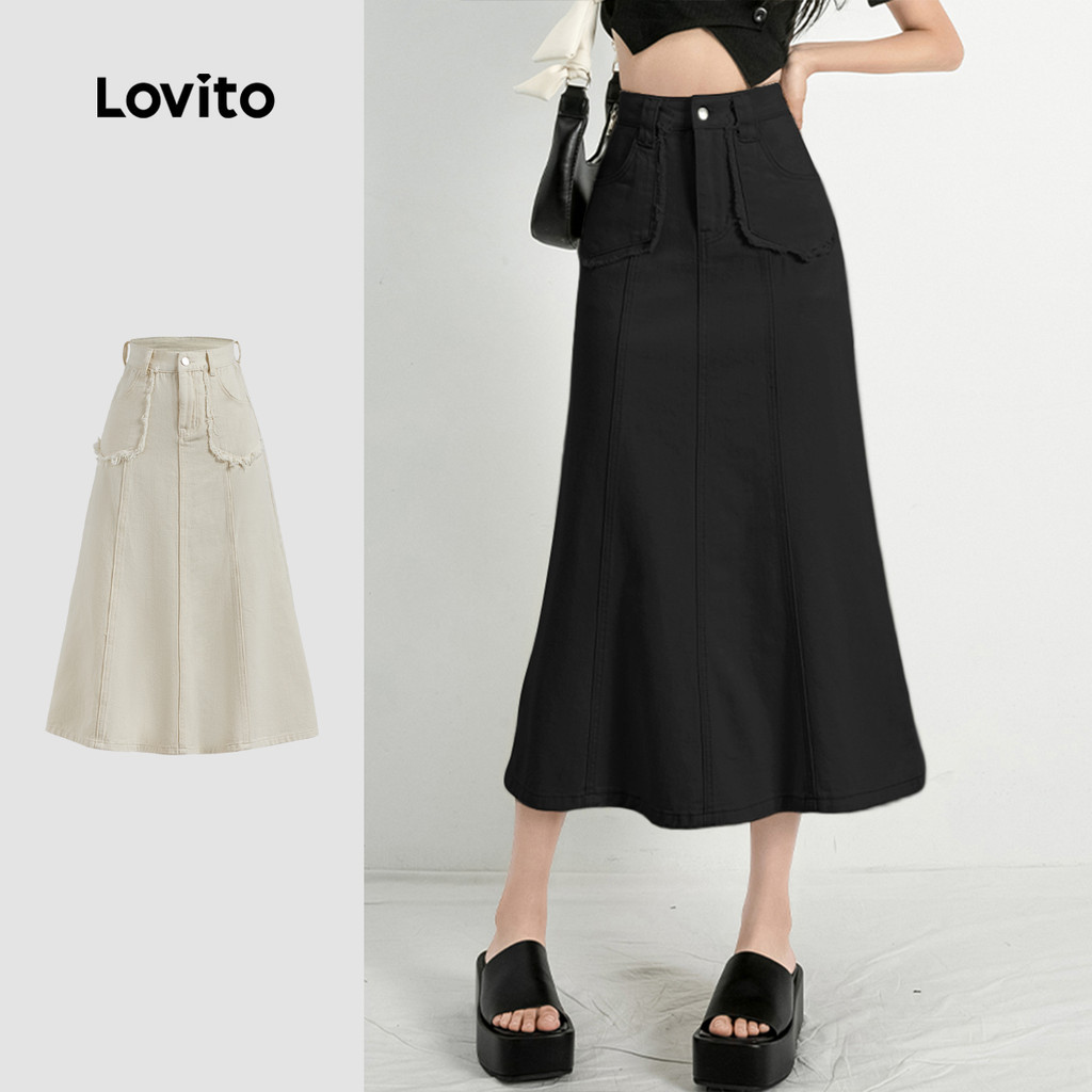 Lovito Váy Denim giản dị Túi trơn Dây kéo đuôi cá Midi Váy Denim dành cho nữ LNE09201 (Mai)