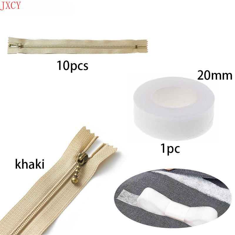 1 Bộ Nylon Kaki Đóng Đuôi Dây Kéo Ngắn 15CM Có Lót Vải Trắng Vải Không Dệt Lót 20mm