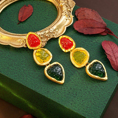 Pinkdudu Pháp Vintage Nhăn Trái Tim Bất Đối Xứng Hình Học Tam Giác Bông Tai Hoàng Gia Màu Khóa Tòn Ten Bông Tai Nữ PD1389