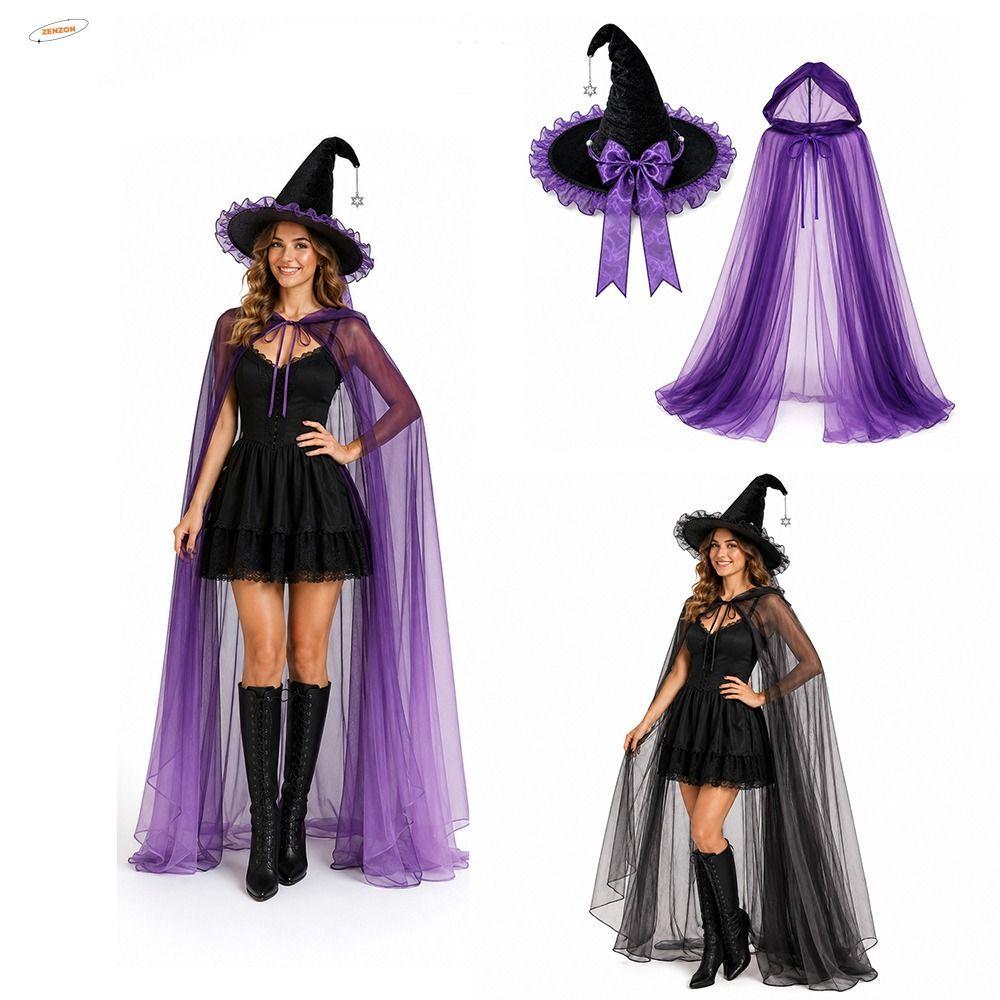 ZENZON Halloween Mũ Phù Thủy Bộ Áo Khoác, Nhập Vai Có Mũ Lưới Mũ Phù Thủy Có Mũ Trùm Đầu Áo Khoác, Đ