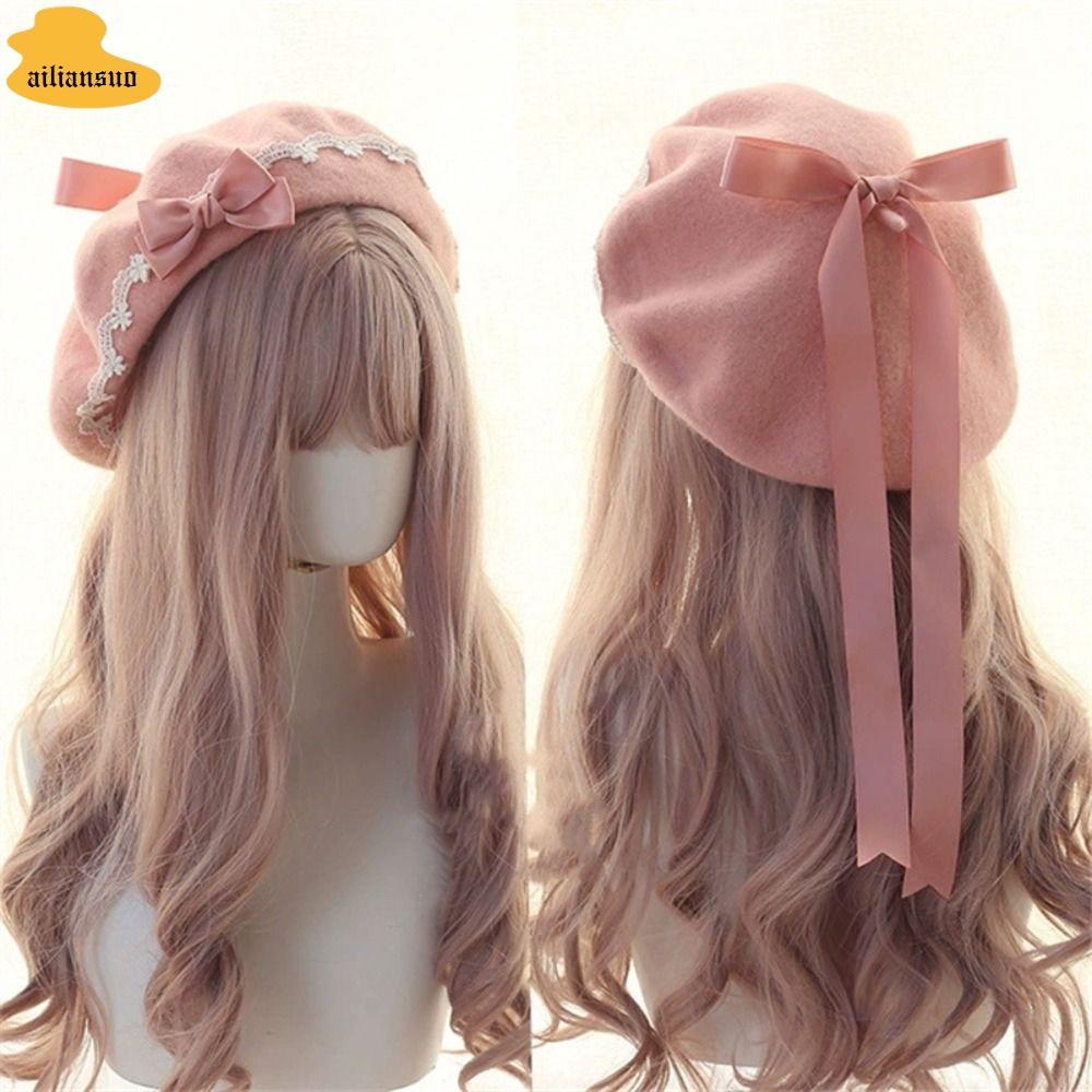 AILIANSUO Mũ nồi phong cách Nhật Bản, Mũ nồi nơ Lolita ngọt ngào, Mũ nồi ren ấm áp thời trang Mũ nồi