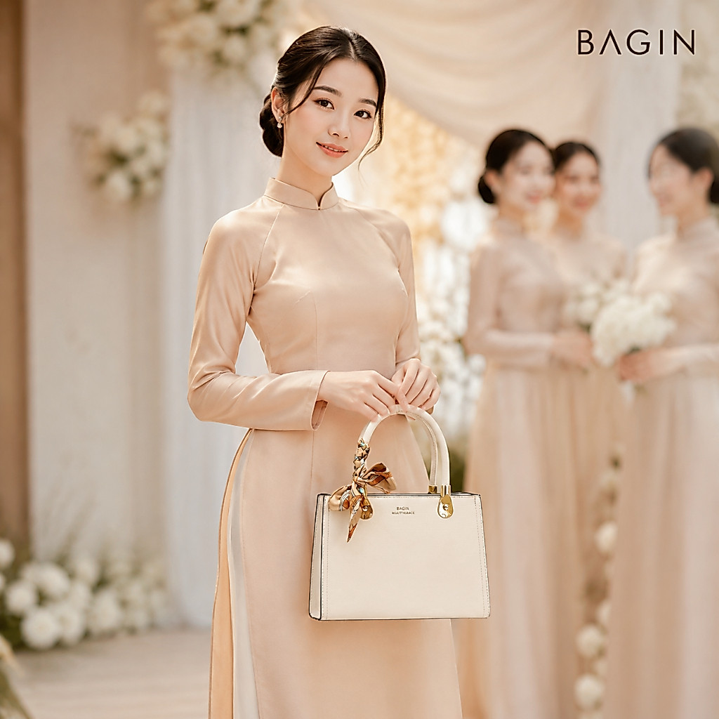 BAGIN Túi Xách Nữ Màu Đen Sang Trọng, Túi Cầm Tay Công Sở Kèm Khăn Lụa Phong Cách Classic