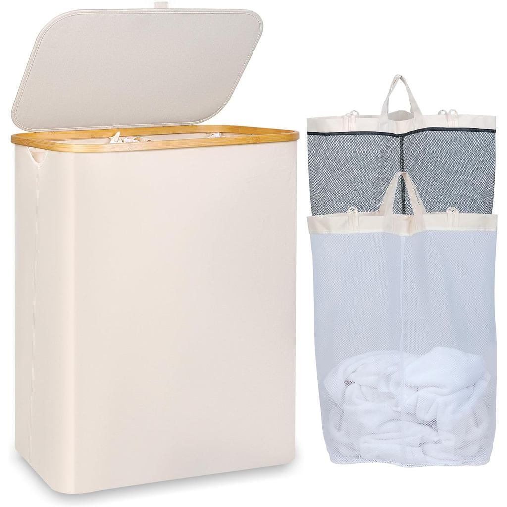 150L Laundry Basket with Lid, Large Laundry Basket with Bamboo Handle, Foldable Dirty Clothes Storag