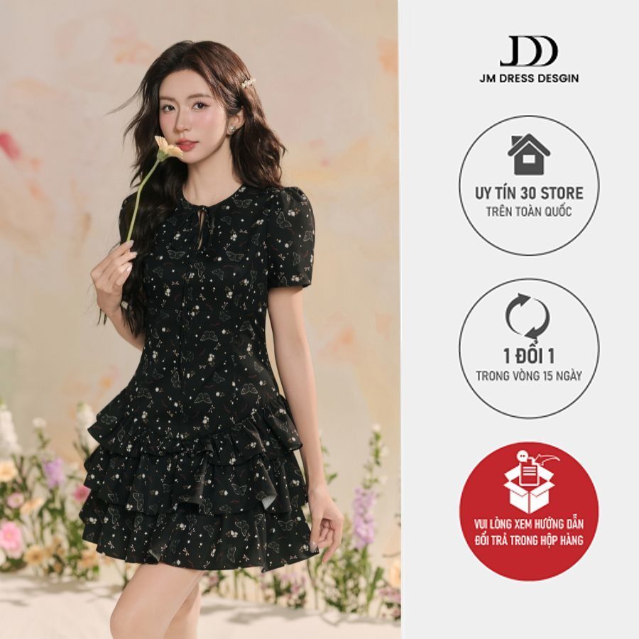 Đầm cổ tròn nhún tầng chân 1R12.2503K, váy đầm tay bồng dáng a xòe tầng tiểu thư nữ tính thiết kế bở
